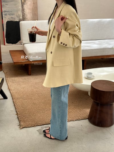 早春奶油黃氣質雙排釦西裝外套14