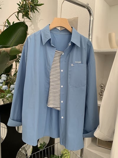 刺繡字母條紋襯衫+背心8