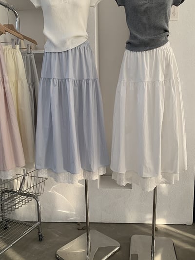 法式蕾絲拼接鬆緊腰長裙2