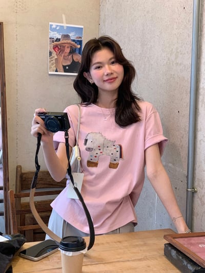 檸檬家#童趣可愛小馬印花寬鬆T恤2