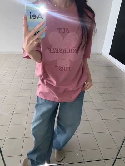 韓系花朵字母寬鬆T6