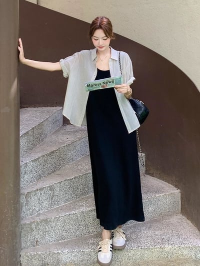 清新條紋襯衫＋氣質長洋裝兩件套1