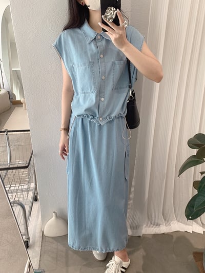 襯領抽繩短版背心＋鬆緊腰工裝牛仔裙10