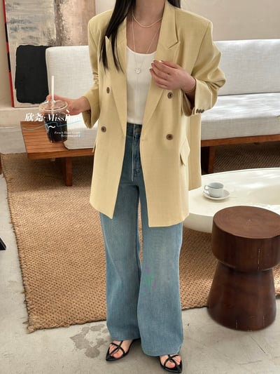 早春奶油黃氣質雙排釦西裝外套15