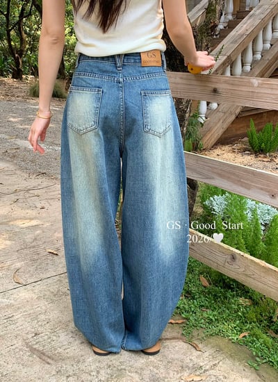復古水洗刷色高腰寬版牛仔褲7