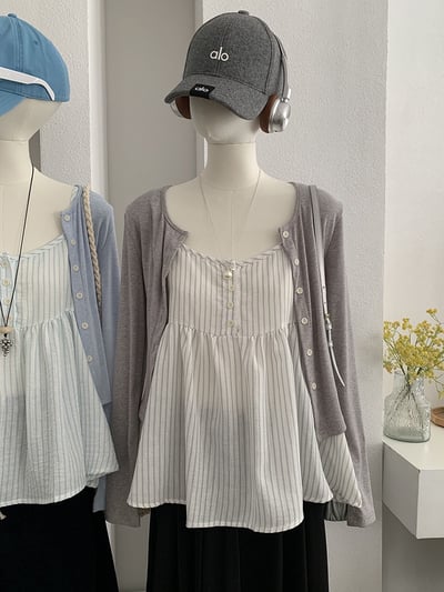 春日防曬針織開衫＋細肩條紋傘擺背心兩件套5