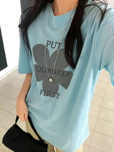 韓系花朵字母寬鬆T5