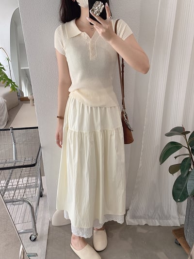 法式蕾絲拼接鬆緊腰長裙13