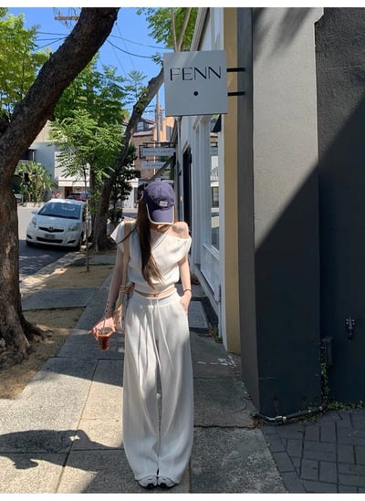 斜肩微露鎖骨針高腰垂墜寬褲兩件組5