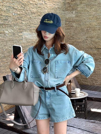 檸檬家～復古水洗牛仔外套＋高腰顯瘦牛仔短褲套裝1