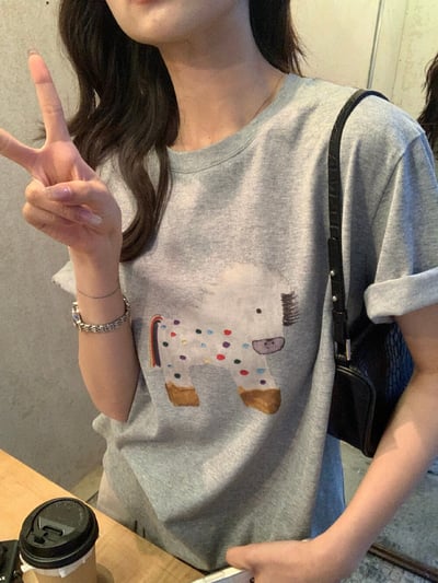 檸檬家#童趣可愛小馬印花寬鬆T恤9