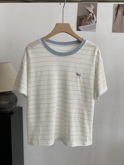 小狗刺繡撞色條紋T恤7