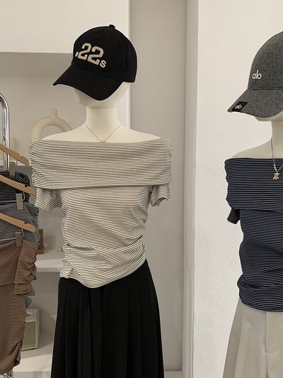 純欲風一字領細條紋修身上衣3