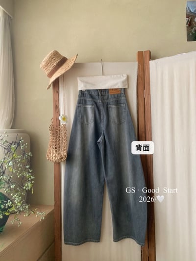 復古水洗刷色高腰寬版牛仔褲15
