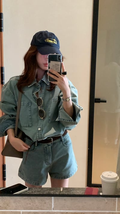 檸檬家～復古水洗牛仔外套＋高腰顯瘦牛仔短褲套裝3