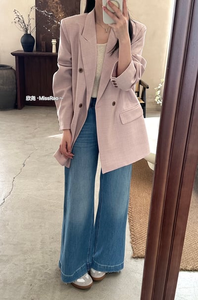 早春奶油黃氣質雙排釦西裝外套9