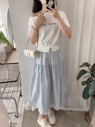 法式蕾絲拼接鬆緊腰長裙14