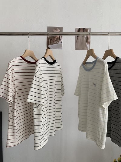 小狗刺繡撞色條紋T恤6
