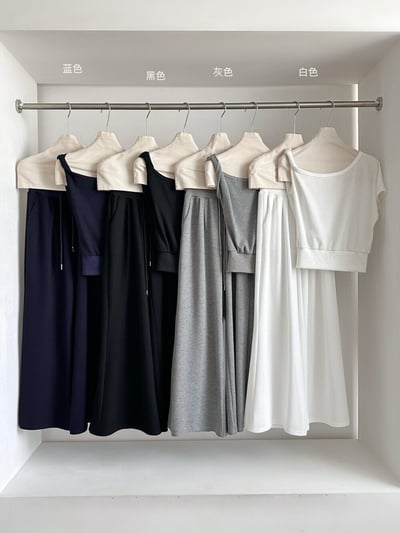 斜肩微露鎖骨針高腰垂墜寬褲兩件組13