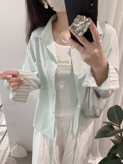 清新撞色袖口襯衫＋字母背心兩件套11