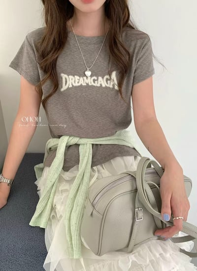 霧感刺繡字母修身雪花竹節棉短T15