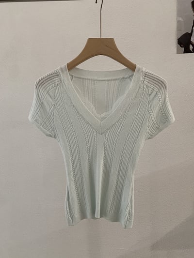 春日甜美V領立體坑紋針織上衣19