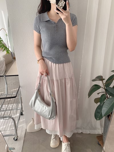 法式蕾絲拼接鬆緊腰長裙11