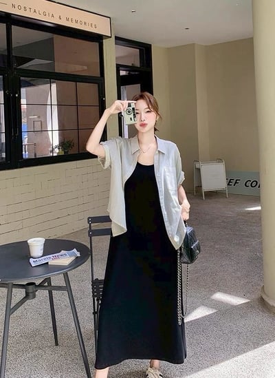 清新條紋襯衫＋氣質長洋裝兩件套6