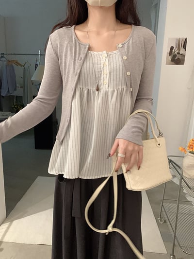 春日防曬針織開衫＋細肩條紋傘擺背心兩件套13