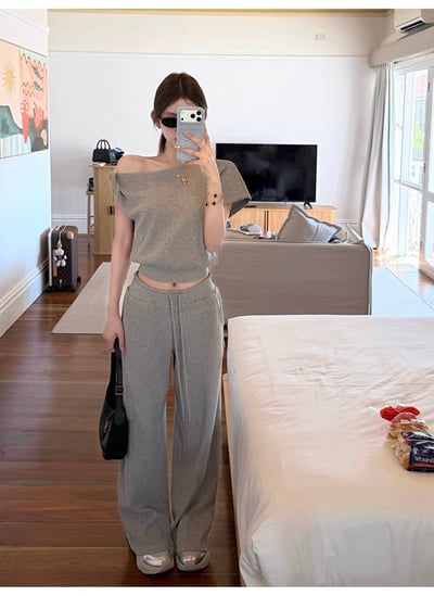 斜肩微露鎖骨針高腰垂墜寬褲兩件組8