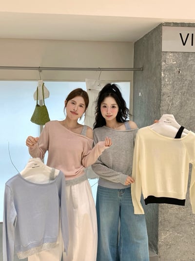 斜肩設計撞色假兩件輕薄針織上衣1