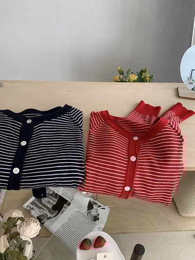 春日細條紋針織開襟外套8