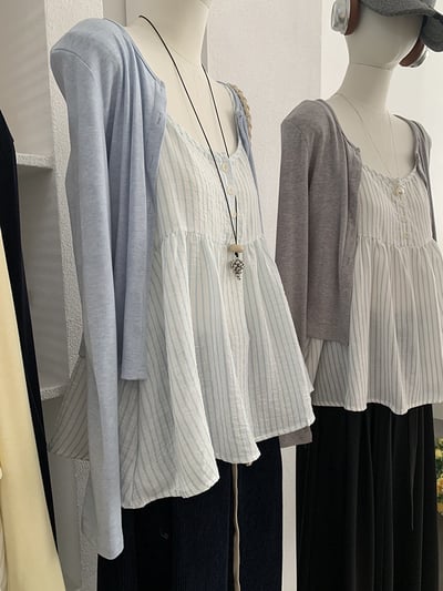 春日防曬針織開衫＋細肩條紋傘擺背心兩件套3