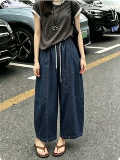 慵懶鬆緊腰牛仔寬褲3