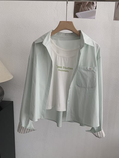 清新撞色袖口襯衫＋字母背心兩件套9