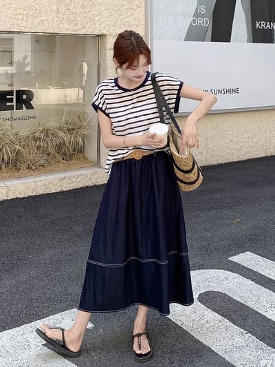 清新條紋×天絲牛仔裙套裝｜11