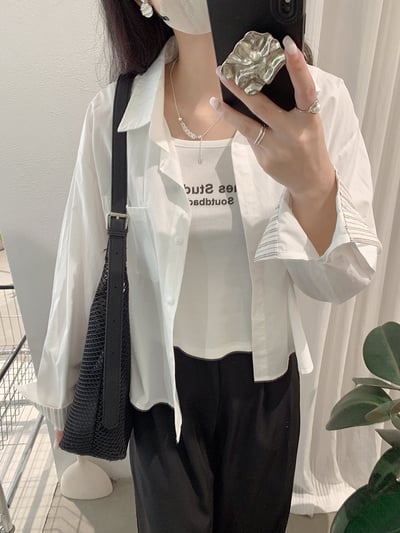 清新撞色袖口襯衫＋字母背心兩件套14