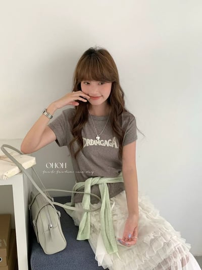 霧感刺繡字母修身雪花竹節棉短T14