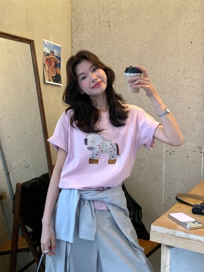 檸檬家#童趣可愛小馬印花寬鬆T恤6