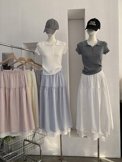 法式蕾絲拼接鬆緊腰長裙1