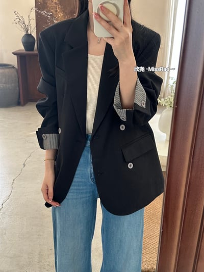 質感條紋拼接翻袖西裝外套｜日常百搭顯瘦版型11