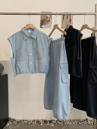 襯領抽繩短版背心＋鬆緊腰工裝牛仔裙5