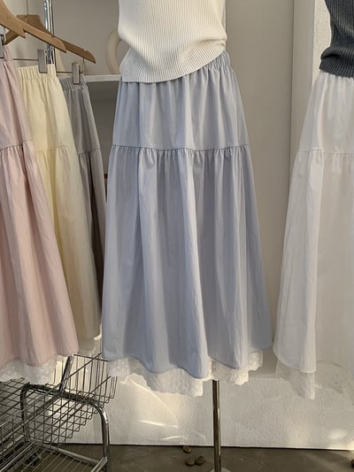 法式蕾絲拼接鬆緊腰長裙3