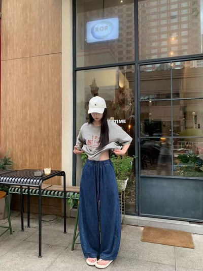 韓系慵懶直筒抽繩牛仔寬褲2