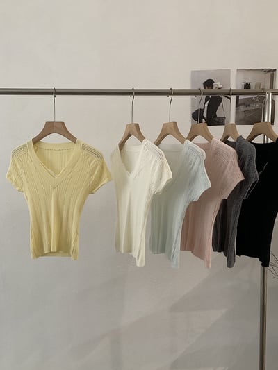 春日甜美V領立體坑紋針織上衣3