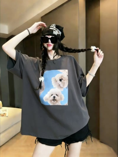 療癒系雙狗印花寬鬆T5