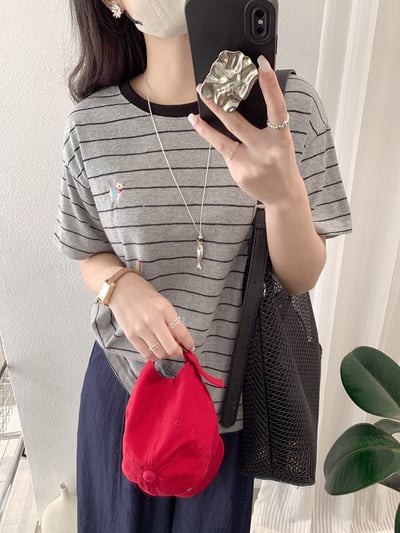 小狗刺繡撞色條紋T恤13