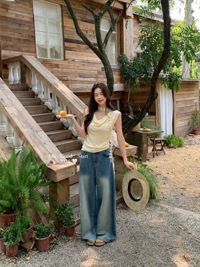 復古水洗刷色高腰寬版牛仔褲6