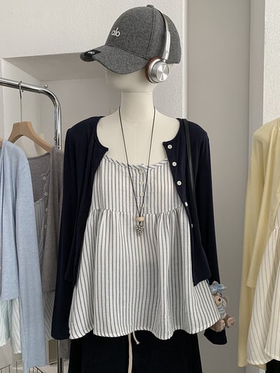 春日防曬針織開衫＋細肩條紋傘擺背心兩件套6