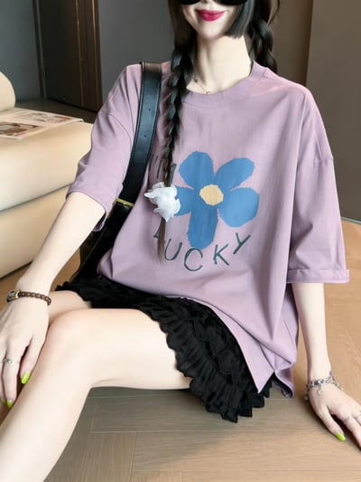 韓系藍花幸運感寬鬆T5